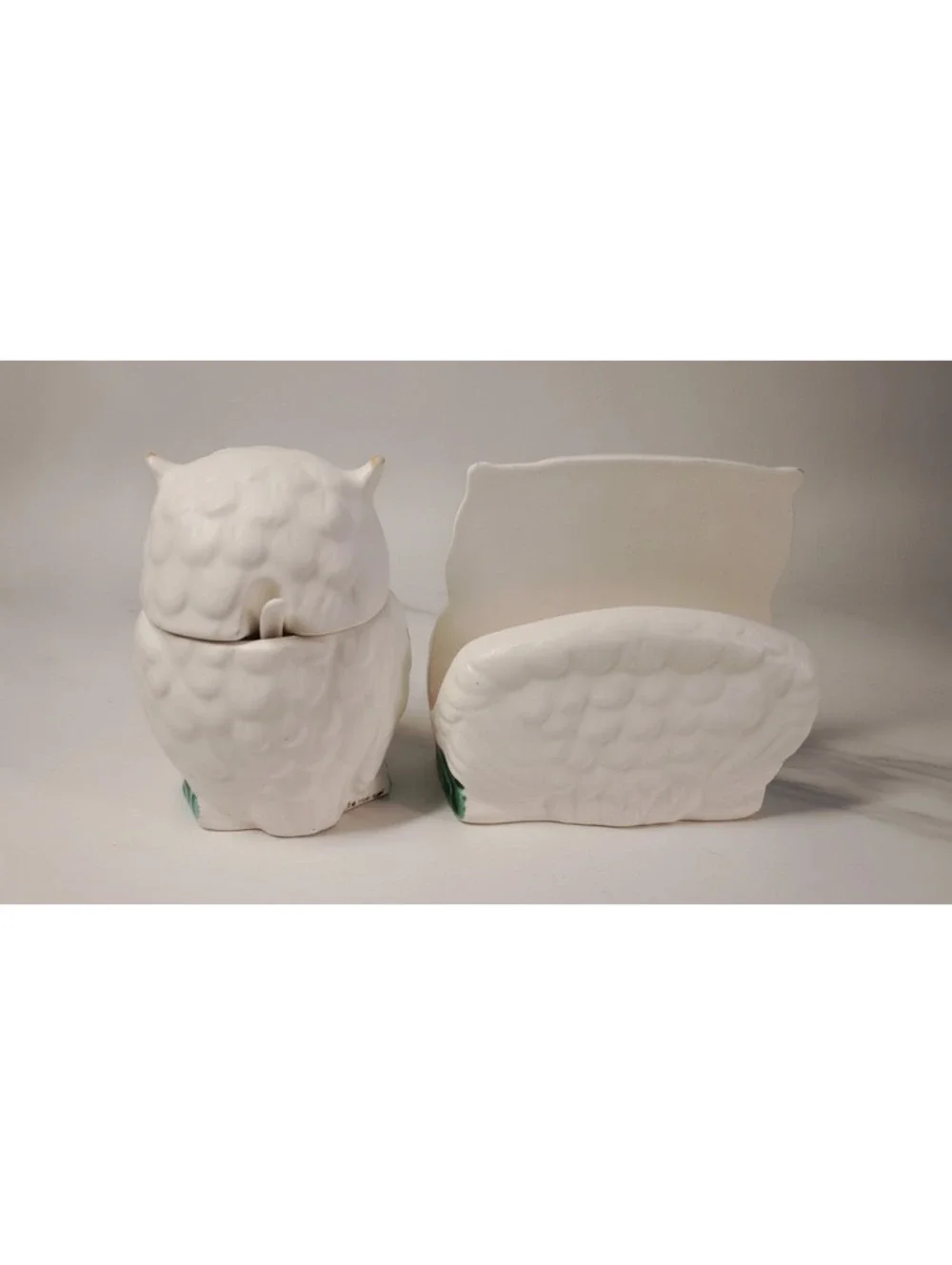 Vintage Set of Enesco Japanese Owls White Ceramic Condiment Bowl & Napkin Holder
